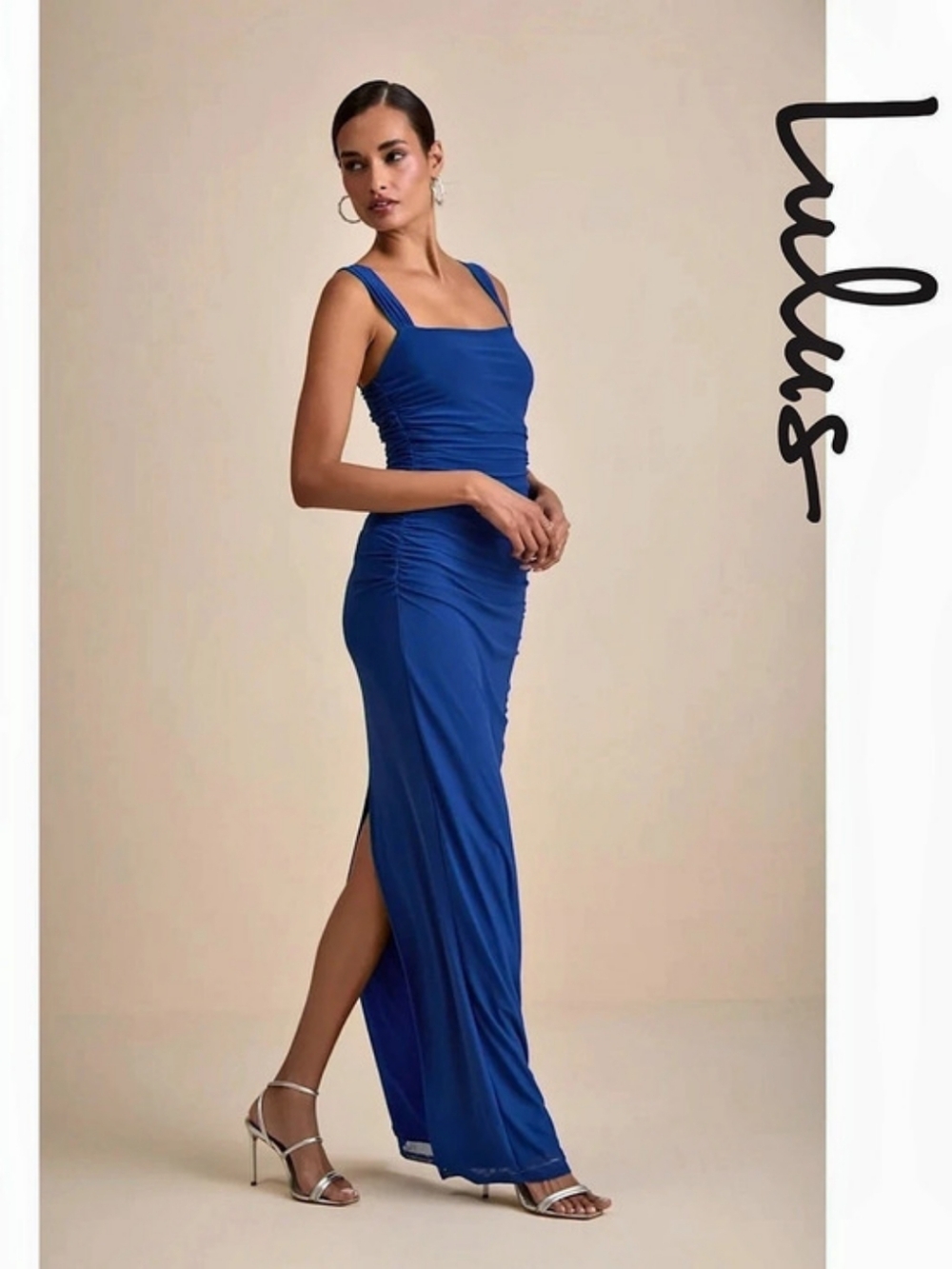 Lulus - Amazing Presence Blue Mesh Ruched Column Maxi Dress - Large